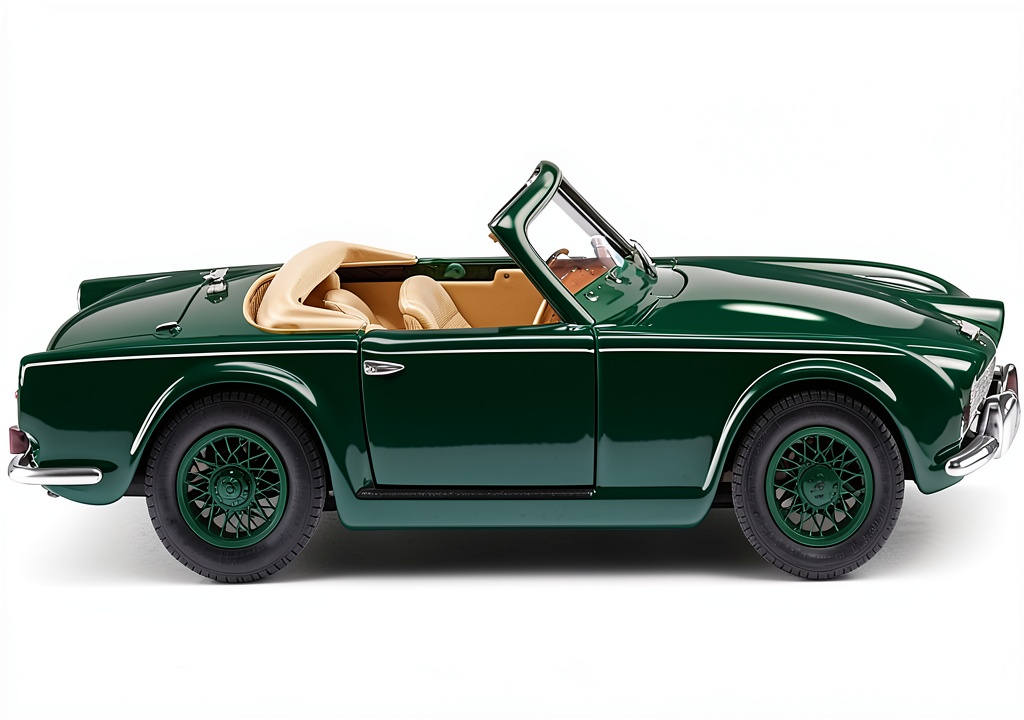 Maquette Triumph TR4 Cabriolet vert mousse sur décor ferroviaire